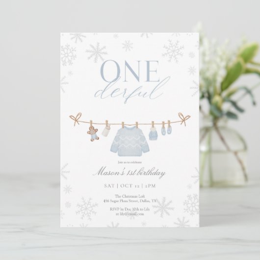 Blue ONEderful Winter First Birthday Invitation (Debout devant)