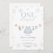 Blue ONEderful Winter First Birthday Invitation (Devant / Derrière)