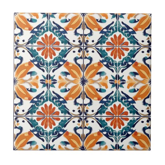 Blue Orange and Yellow Pattern Ceramic Tile Tegeltje (Voorkant)