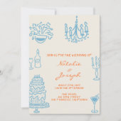 Blue Orange Drawn Whimsical All In One Wedding Kaart (Voorkant)