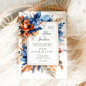 Blue Orange Terracotta Floral Boho Elegant Wedding Kaart