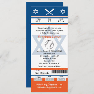 Blue Oranje Bar Mitswa Baseball Ticket Invitation Kaart