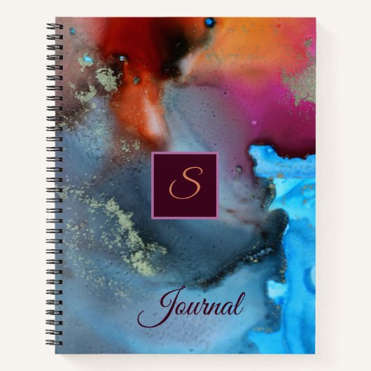 Blue Oranje Red Abstract Waves Monogram Notitieboek (Voorkant)