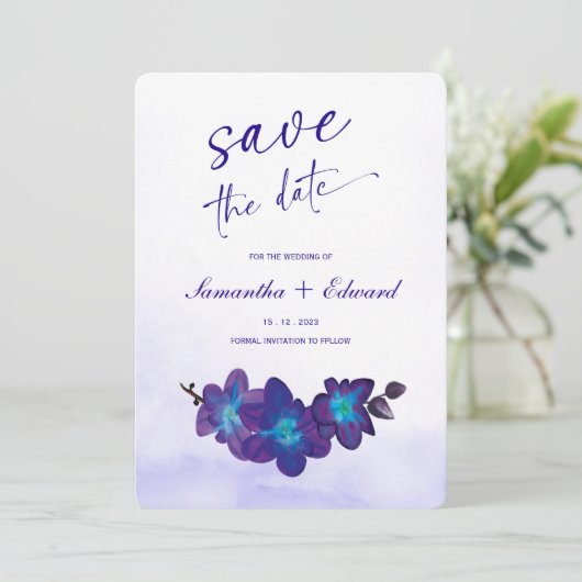 Blue Orchid Turquoise Save the Date Kaart Ideeën (Staand voorkant)