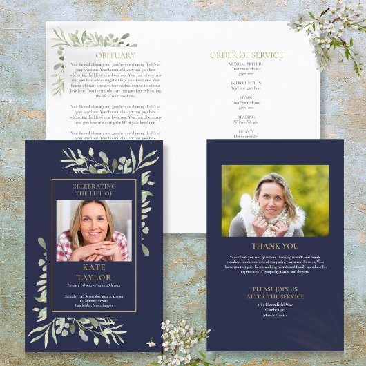 Blue Order of Service Foliage Funeral Programme