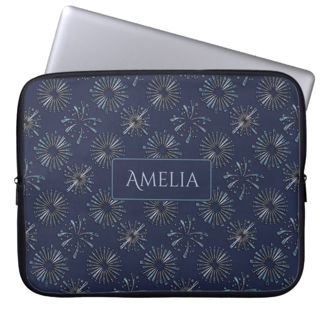 Blue Ornate Firework Pattern Personalised Elegant Laptop Sleeve (Voorkant)