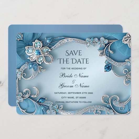 Blue Ornate Floral Save The Date (Voorkant / Achterkant)