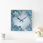 Blue Ornate Floral Wall Clock Vierkante Klok (Huis)