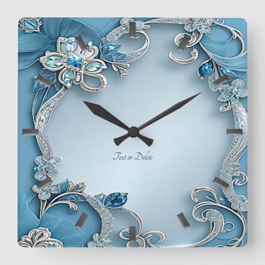 Blue Ornate Floral Wall Clock Vierkante Klok (Voorkant)