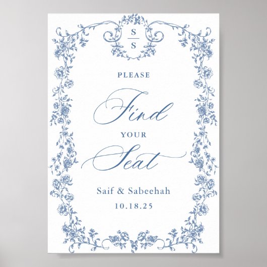 Blue Ornate Victorian Grace Find Your Seat Sign Poster (Voorkant)