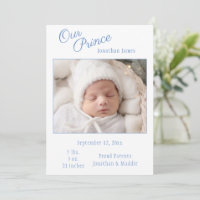 Blue Our Prince Photo Boy Baby Faire-part de naiss