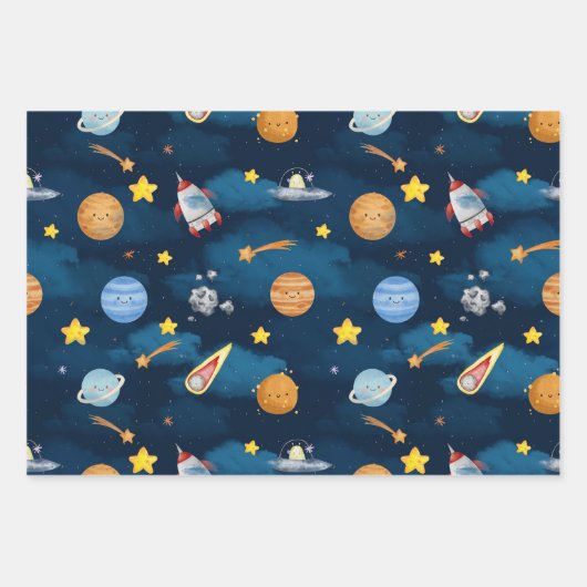 Blue Outer Space Planets Seamless Pattern Inpakpapier Vel (Voorkant 3)