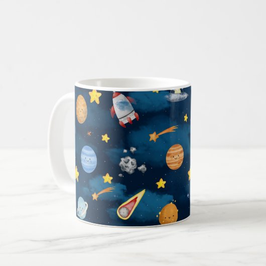 Blue Outer Space Planets Seamless Pattern Koffiemok (Voorkant links)