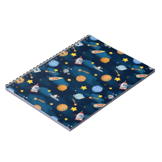 Blue Outer Space Planets Seamless Pattern Notitieboek (Linkerzijde)
