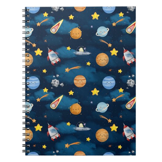Blue Outer Space Planets Seamless Pattern Notitieboek (Voorkant)