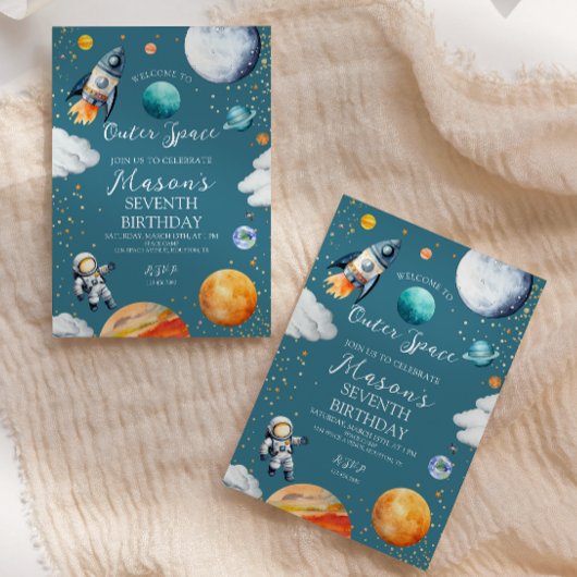 Blue Outer Space Rocket & Astronaut Kids Birthday Kaart