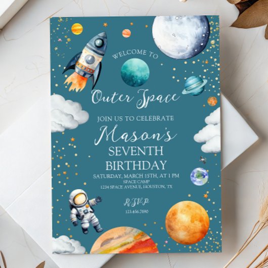 Blue Outer Space Rocket & Astronaut Kids Birthday Kaart