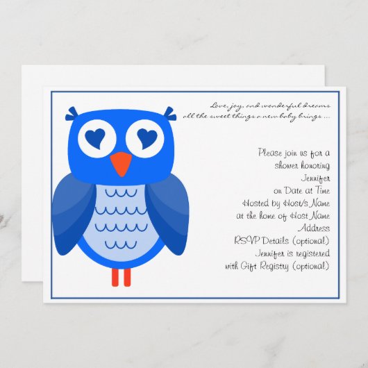 Blue Owl Baby shower Invitation Kaart (Voorkant / Achterkant)