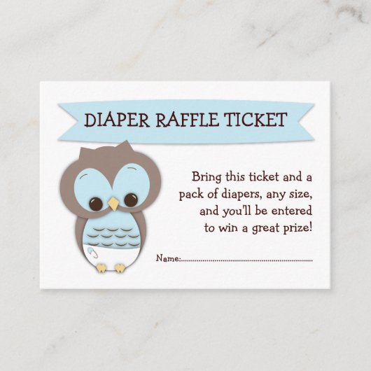 Blue Owl Baby shower Luier Raffle Ticket Insert Informatiekaartje (Voorkant)