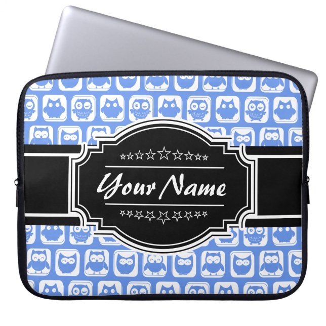 Blue Owl Black - Gepersonaliseerde naam Laptop Sleeve (Voorkant)