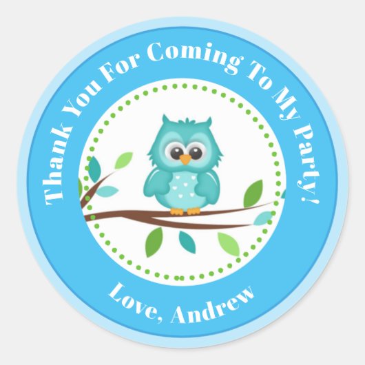 Blue Owl Boy Verjaardagsfeestje Favor Stickers (Voorkant)