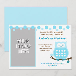 Blue Owl Boy Woodland Photo Invitations d'annivers