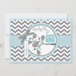 Blue Owl Chevron Print Baby shower Kaart