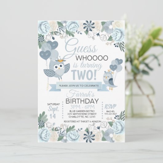 Blue Owl Floral Birthday Invitation Kaart (Staand voorkant)