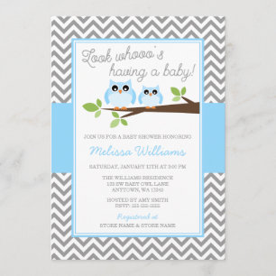Blue Owl Gray Chevron Boy Baby shower Kaart