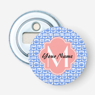 Blue Owl Pattern Coral Monogram Persoonlijke naam Button Flesopener