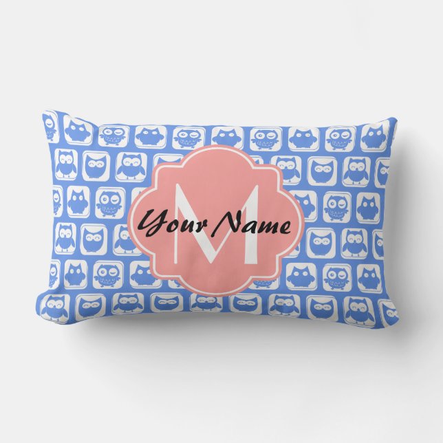 Blue Owl Pattern Coral Monogram Persoonlijke naam Kussen (Voorkant)