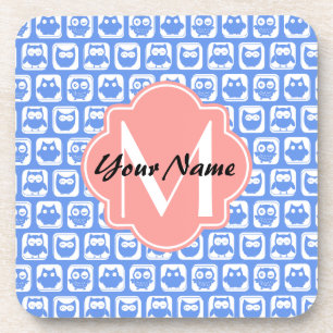 Blue Owl Pattern Coral Monogram Persoonlijke naam Onderzetter