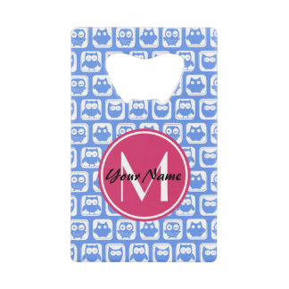 Blue Owl Pattern roze Aangepast monogram aangepast Kredietkaart Flessenopener