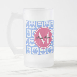 Blue Owl Pattern roze Aangepast monogram aangepast Matglas Bierpul
