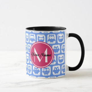 Blue Owl Pattern roze Aangepast monogram aangepast Mok