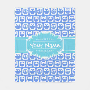 Blue Owls Aqua Personalized Name N#1 Fleece Deken