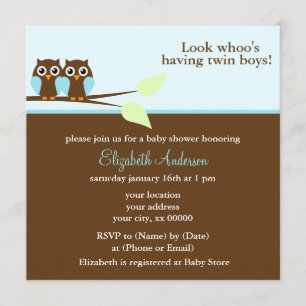 Blue Owls Twins Baby shower Kaart