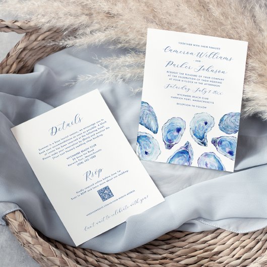 Blue Oyster Shell All-in-One QR-code RSVP Bruiloft Kaart