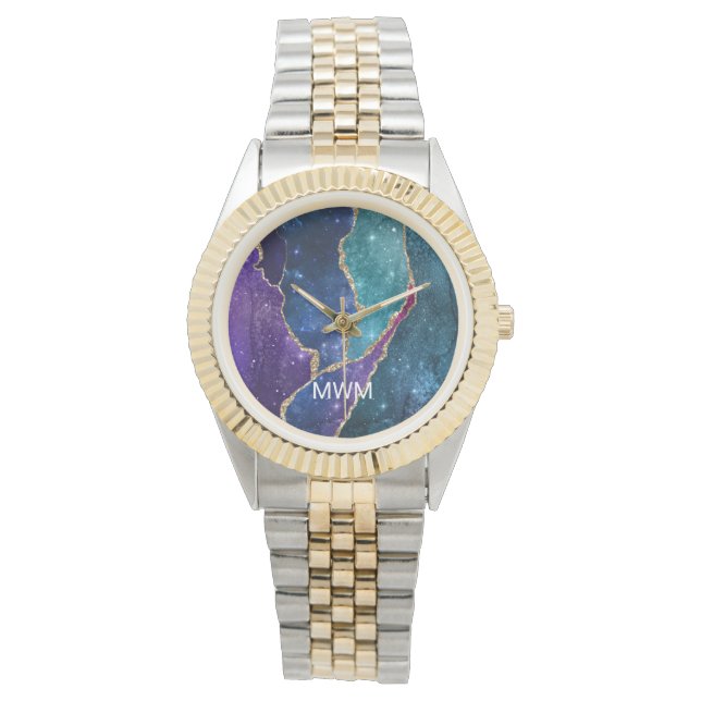 Blue Paars Aqua Gold Veins Agate Monogram Horloge (Voorkant)