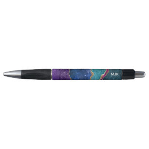 Blue Paars Aqua Gold Veins Agate Monogram Pen