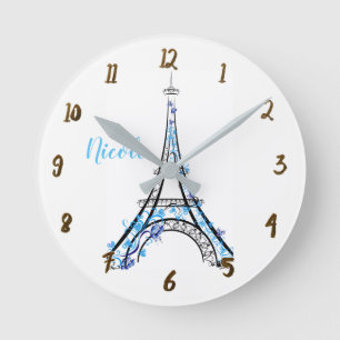 Blue Paars Floral Paris Eiffel Tower Personalized Ronde Klok