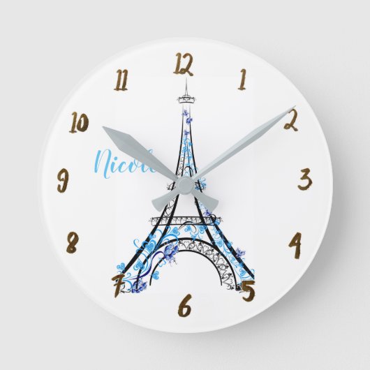 Blue Paars Floral Paris Eiffel Tower Personalized Ronde Klok (Voorkant)