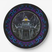 Blue Paars Haunted House Halloween Papieren Bordje (Voorkant)