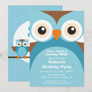 Blue Paars Owl Birthday Party Invitation Kaart
