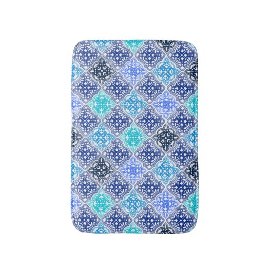 Blue Painted Moroccan Tegel Pattern Badmat (Voorkant Verticaal)