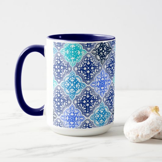 Blue Painted Moroccan Tegel Pattern Mok (Met donut)