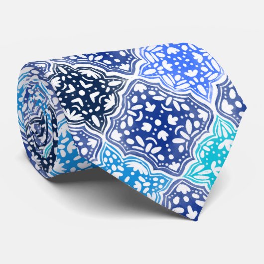 Blue Painted Moroccan Tegel Pattern Stropdas (Opgerold)