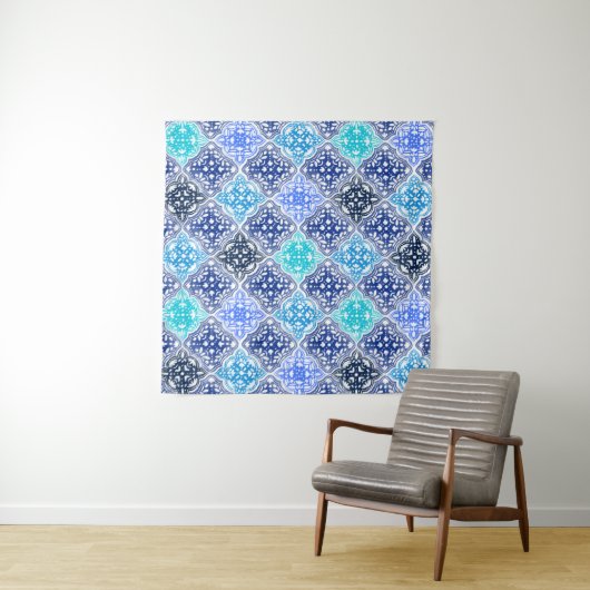 Blue Painted Moroccan Tegel Pattern Wandkleed (In Situ (horizontaal))