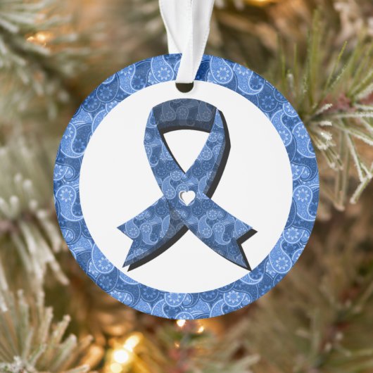 Blue Paisley Awareness Ribbon White Heart Ornament (Boom)