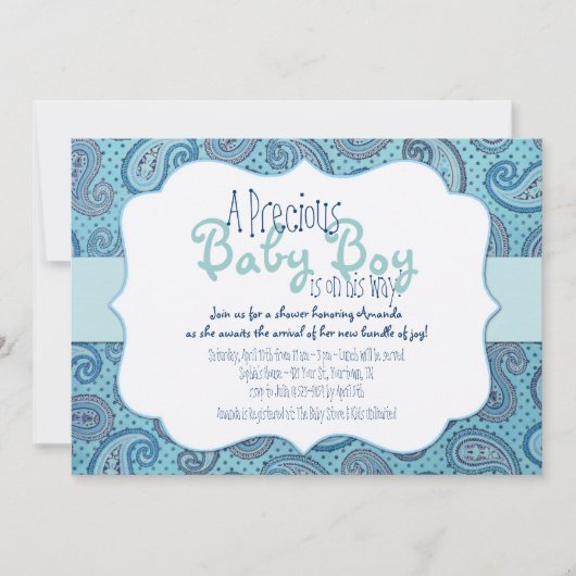 Blue Paisley Baby Boy Shower Uitnodiging (Voorkant)